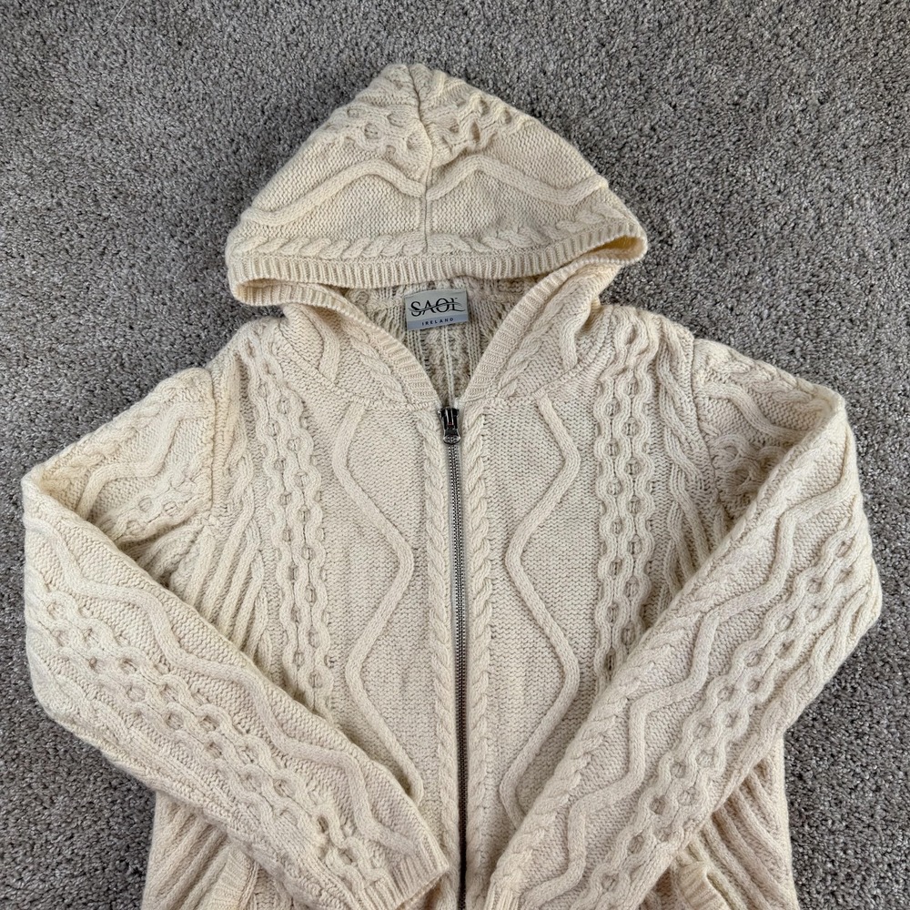 SAOL Cardigan Sweater Womens Medium White Hooded Aran Cable Knit Zip Front
